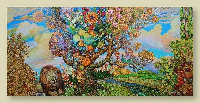 vivid painting of a lion resting under a colorful tree in bloom